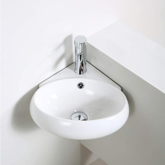  7. QI&YI Wall Mount Small Bathroom Corner Basin with Faucet & Pop up Drain Combo 