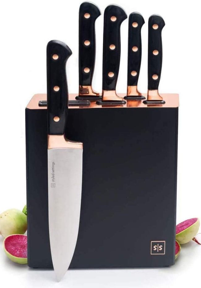  7. Copper Knife Set - Sharpener Built-In - Upright 6-Piece Rose Gold Knife Set - Self Sharpening Knife - Rose Gold Kitchen Accessories 