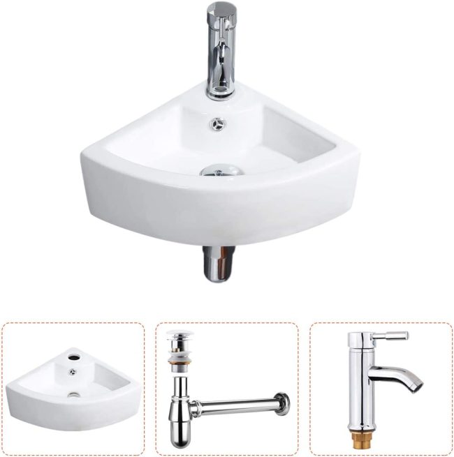  10. Gimify Small Wall Mount Corner Bathroom Sink with Overflow Pop Up Drain & Faucet 