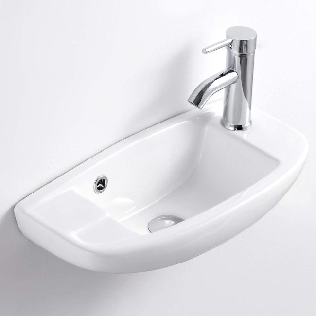  6. QI&YI Ceramic Vessel Wall Mount Bathroom Corner Basin with Faucet & Pop up Drain Combo 