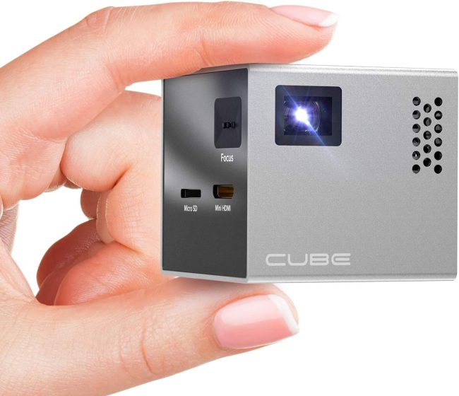  8. RIF6 CUBE Pico Video Projector with 120 Inch 