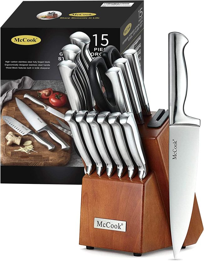  1. McCook MC29 Knife Sets - German High Carbon Stainless Steel - Self Sharpening Kitchen Knife Set Block 