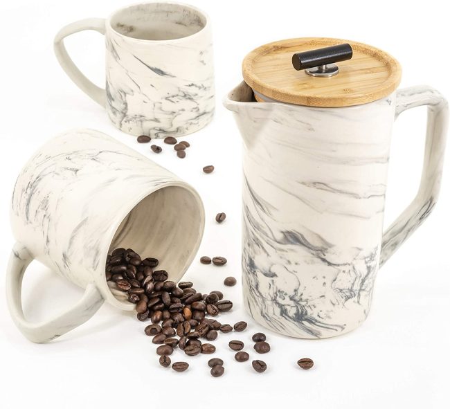  7. Louie May Design Ceramic Marble French Press Coffee Maker Set 
