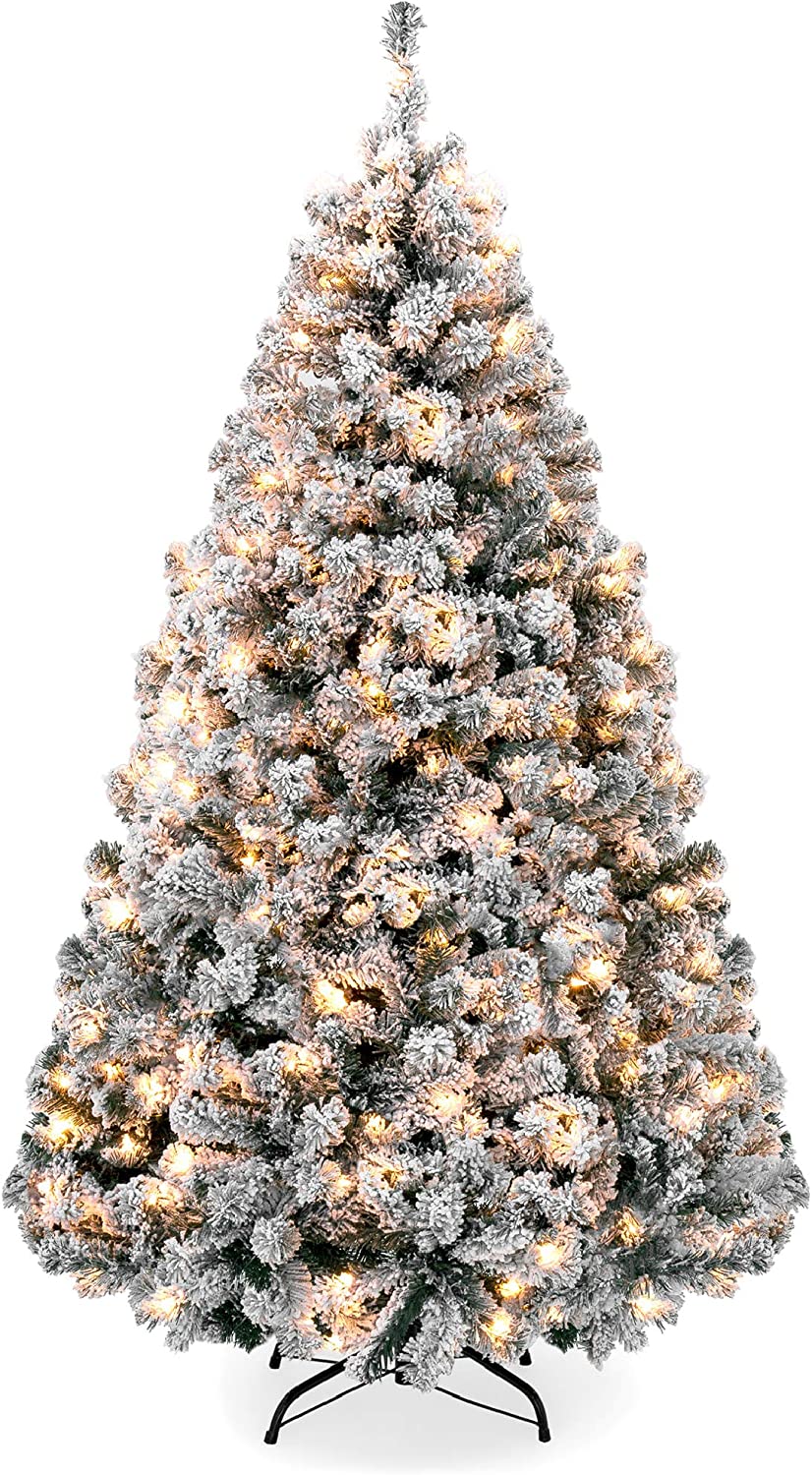  4. Pre-Lit Flocked Hinged Christmas Pine Tree by Best Choice Products 