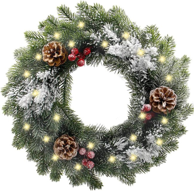  7. Cllayees Artificial Christmas Wreath with 20 LED Lights 