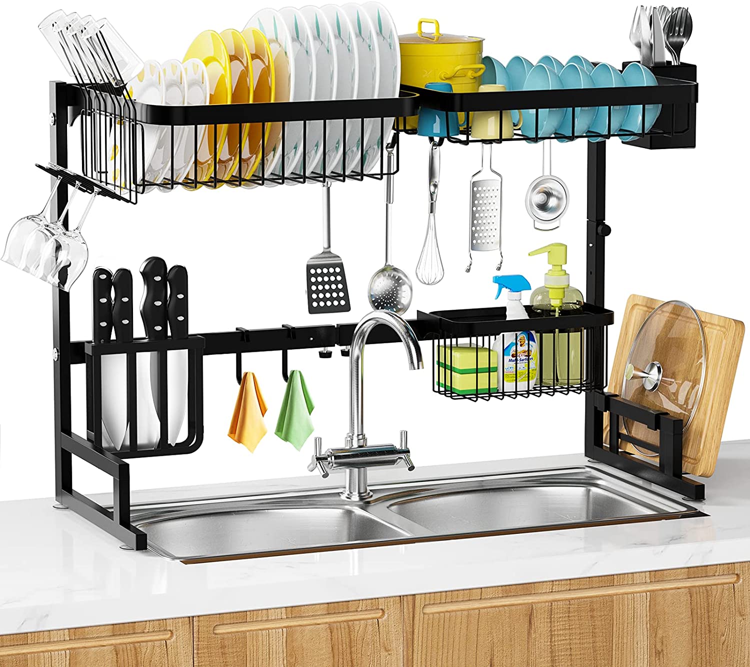  7. MERRYBOX Adjustable Large Over The Sink Dish Drying Rack with 8 Hooks 