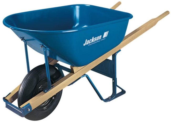  3. Blue Jackson Home-Depot Wheelbarrow, A Single Wheel and Leg Stabilizers 