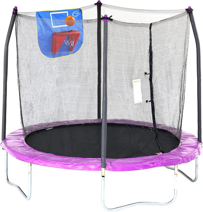  3. Skywalker 8-foot Mini Trampoline with Enclosure Net & Basketball Hoop 